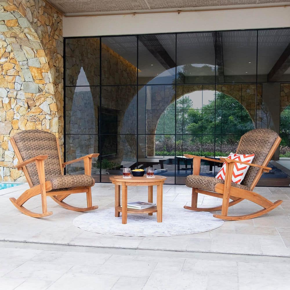 Luton 3-Piece Teak Wood Outdoor Rocking Chair Set with Padded Woven Seat price history on PriceWatchPro