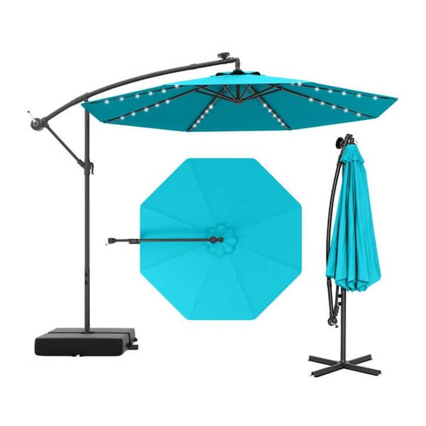 WELLFOR 10 ft. LED Light Patio Cantilever Umbrella in Turquoise Outdoor Solar Tilt Umbrella with Crossed Stand and Sand Bags