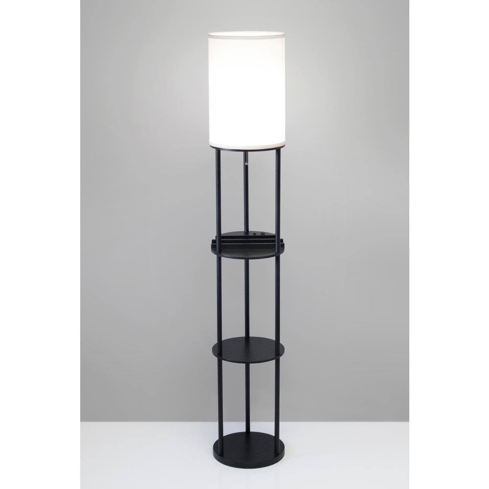Elegant Black and White Charging Station Shelf Floor Lamp with Linen Shade