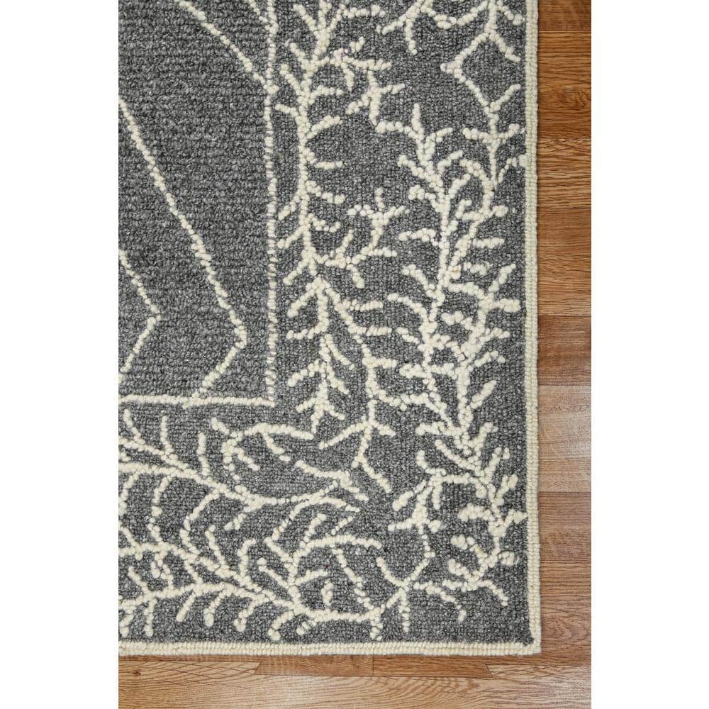 Gray Handmade Wool Area Rug with Floral and Geometric Motifs