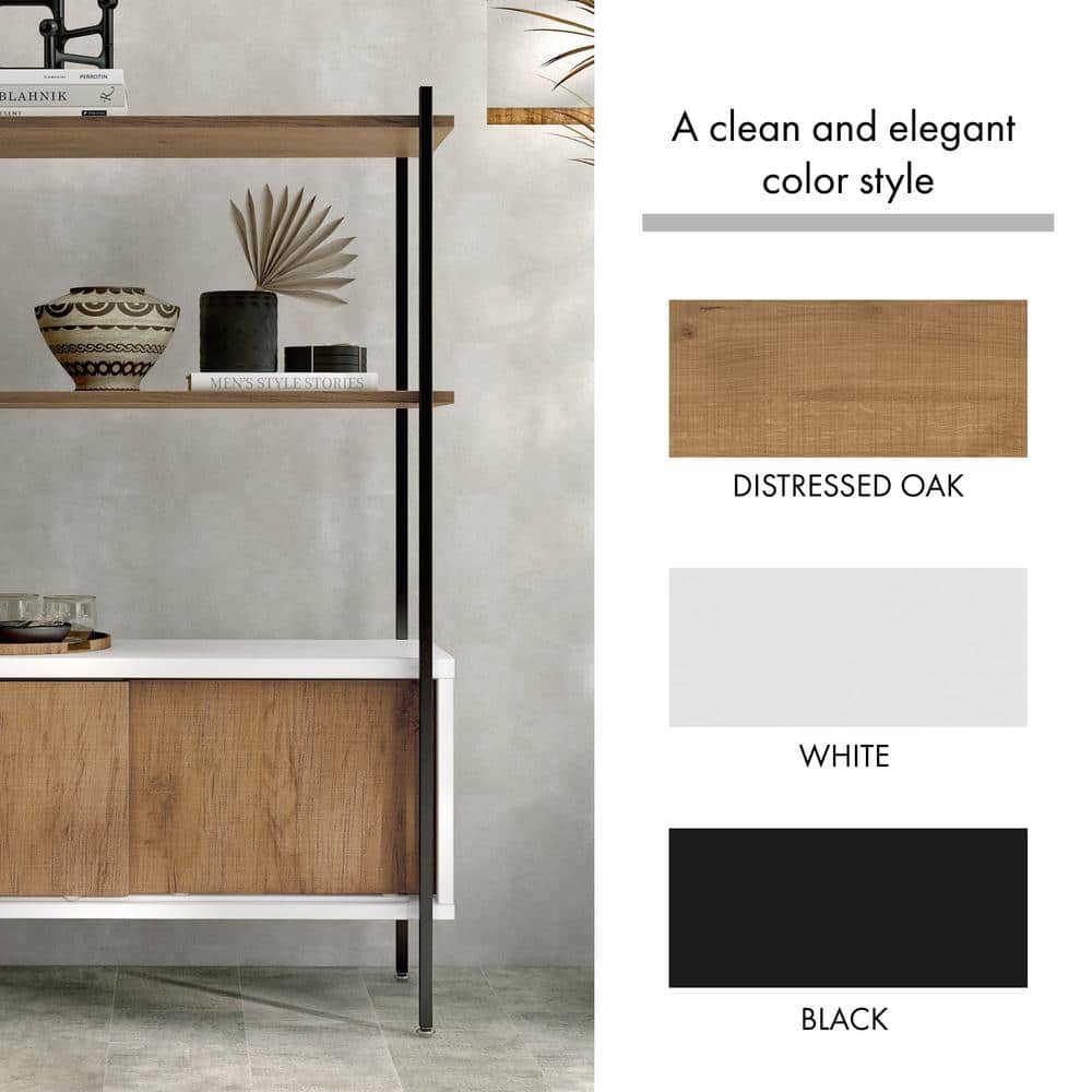 White and Oak Adjustable 3-Shelf Bookcase with Sliding Doors