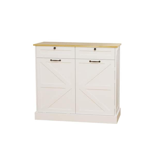 White Wood 39.37 in. W Kitchen Island Trash Can Storage Cabinet with 2-Drawers and 1-Tilt Out Trash Cabinet