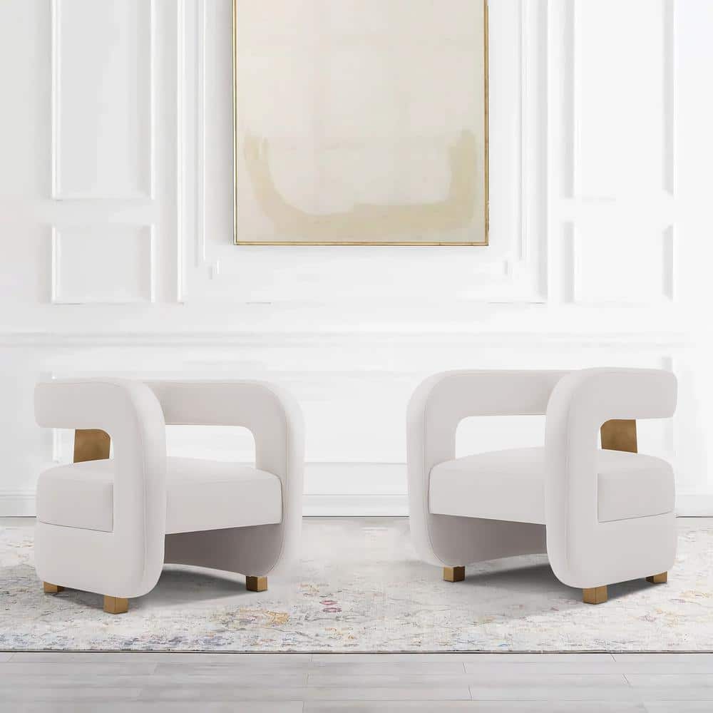 Set of 2 White Velvet Barrel Accent Chairs with Gold Accents
