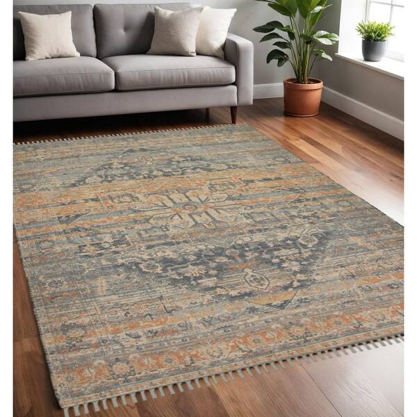 5 ft. x 7 ft. Orange Beige And Gray Oriental Hand Woven Area Rug With Fringe