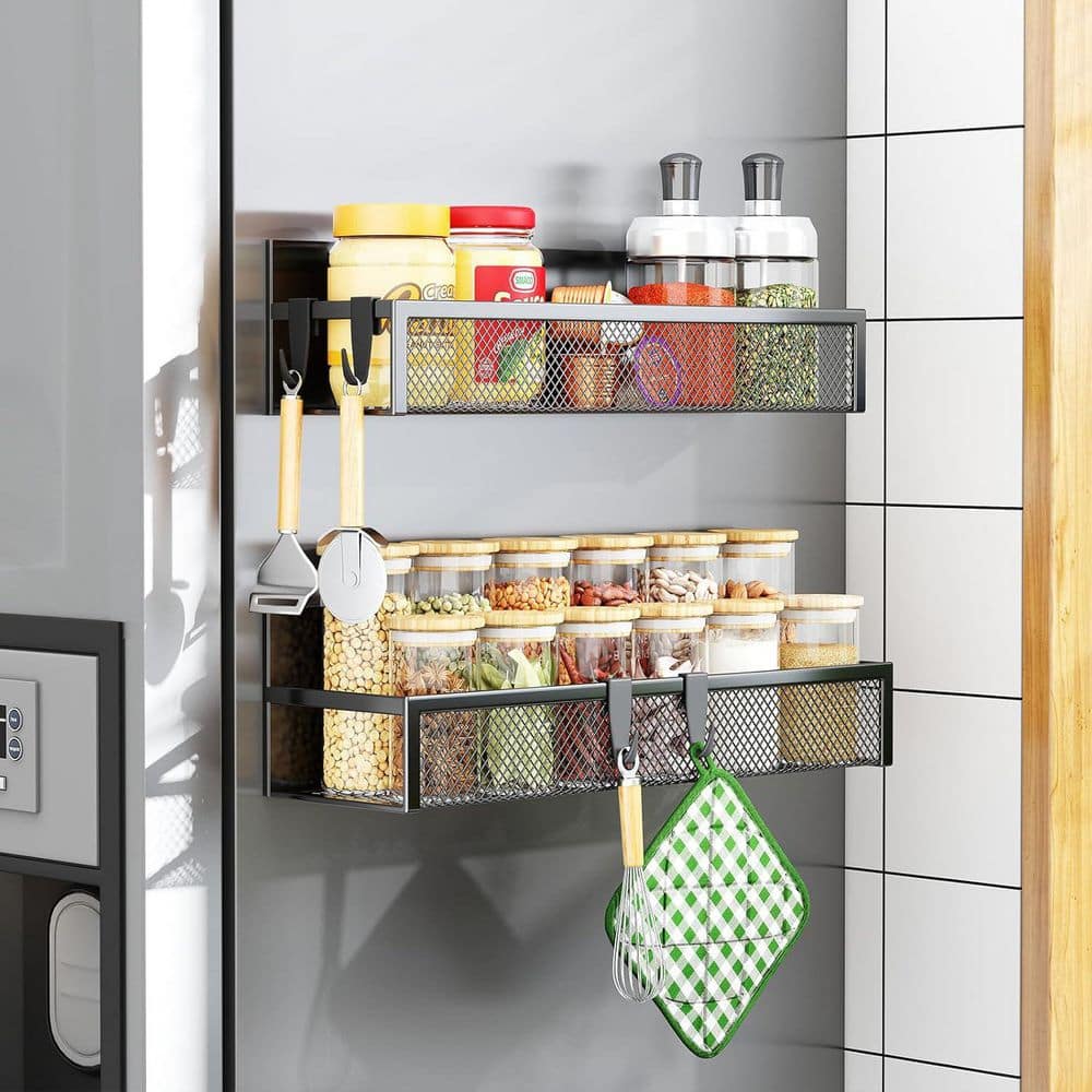 Magnetic Spice Rack Organizer for Refrigerator 2-Pack with Moveable Hooks F