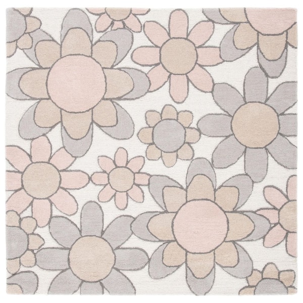 Kids 5 ft. x 5 ft. Ivory/Pink Oversized Floral Square Area Rug