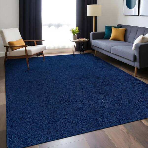 Silky Navy 9 ft. x 12 ft. Solid Plus Thick Pile Non Slip Easy Clean Non Shedding Modern Indoor Area Rug