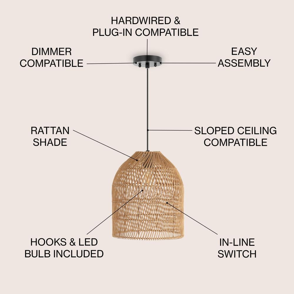 Bohemian Swirl 13" LED Pendant with Adjustable Rattan Shade, Brown