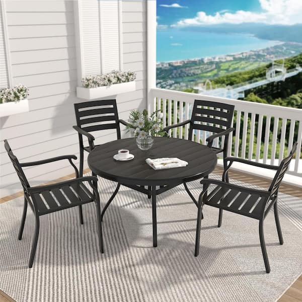 Black 5-Piece Metal Outdoor Patio Dining Set with Stackable Chairs and 40.6 in. Round Table for Garden and Backyard