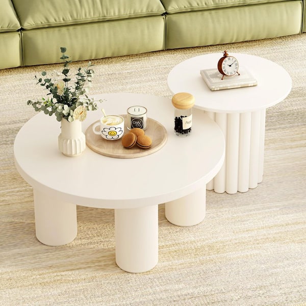 Harper & Bright Designs Modern 31.4 in. White Round Wood Coffee Table Set with 1 End Table, Roman Column Design (Set of 2)