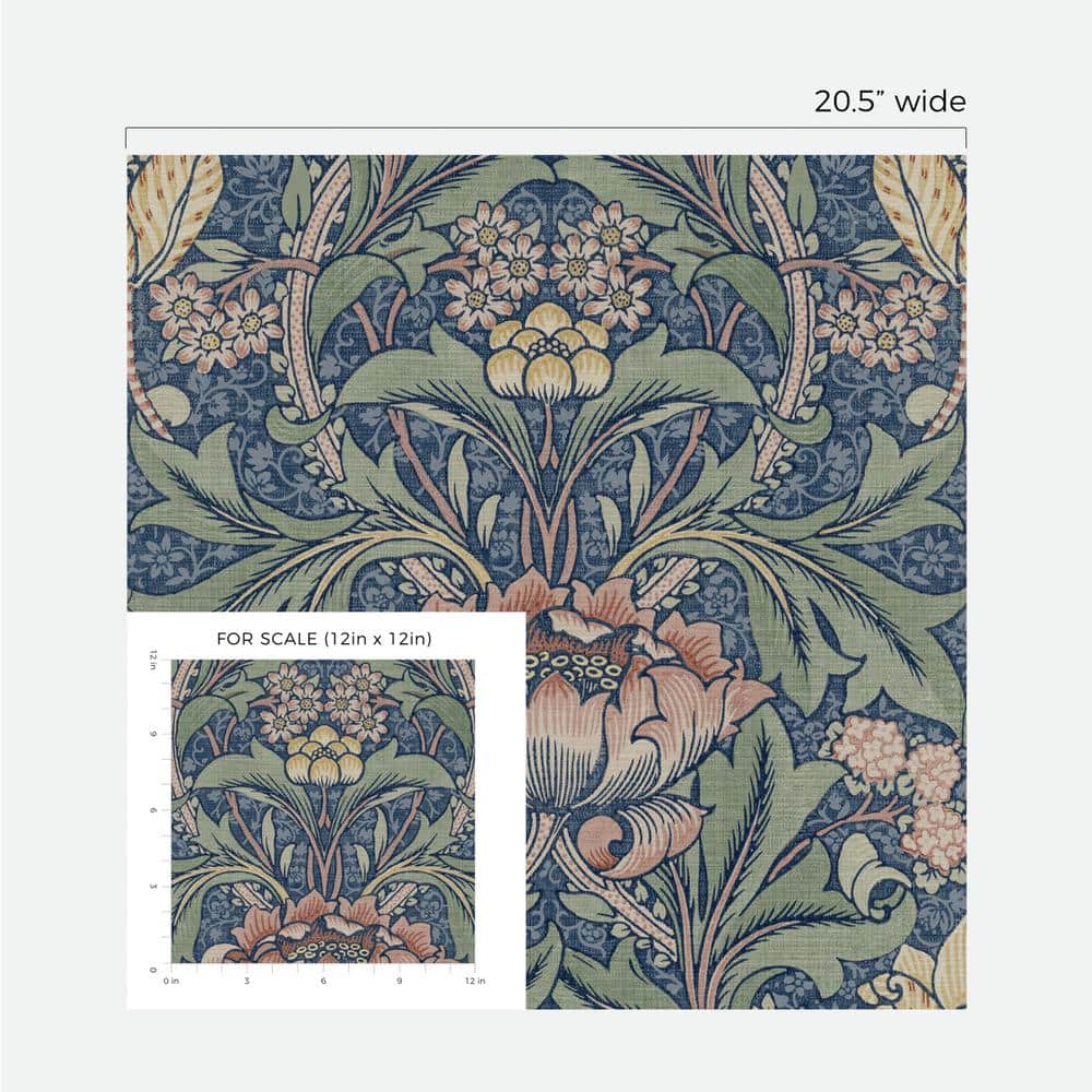 Denim Blue and Salmon Floral Peel and Stick Vinyl Wallpaper