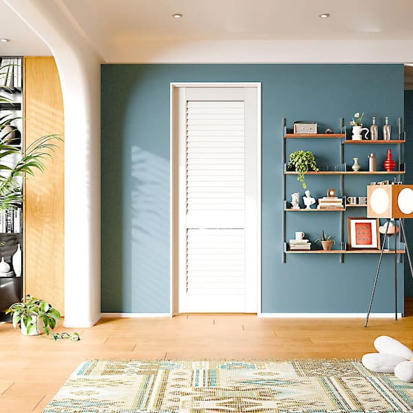 30 in. x 80 in.Left-Handed Louvered Solid Core White Primed MDF Wood Single Prehung Interior Door with Jamb Hareware Kit