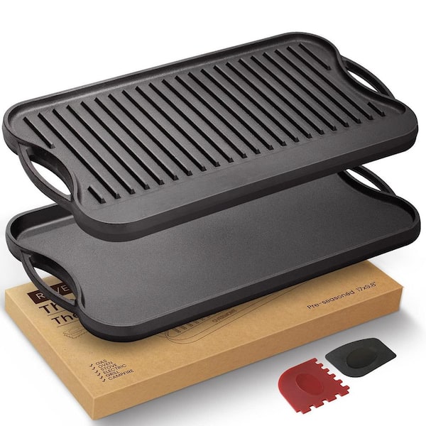 17 in. x 9.8 in. Cast Iron Reversible Griddle Grill Pan with Handles in Black, Include One Tray and Scrapers