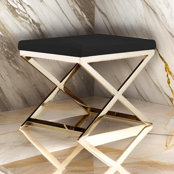 20 in. Black and Gold Low Back Metal Ottoman Stool with Faux Leather Seat