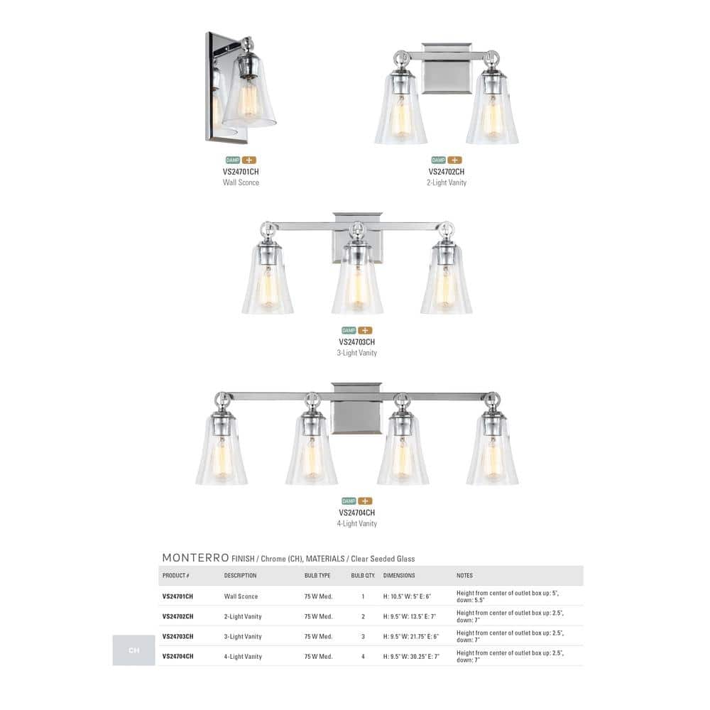 Monterro Chrome 2-Light Vanity with Clear Seeded Glass Shades