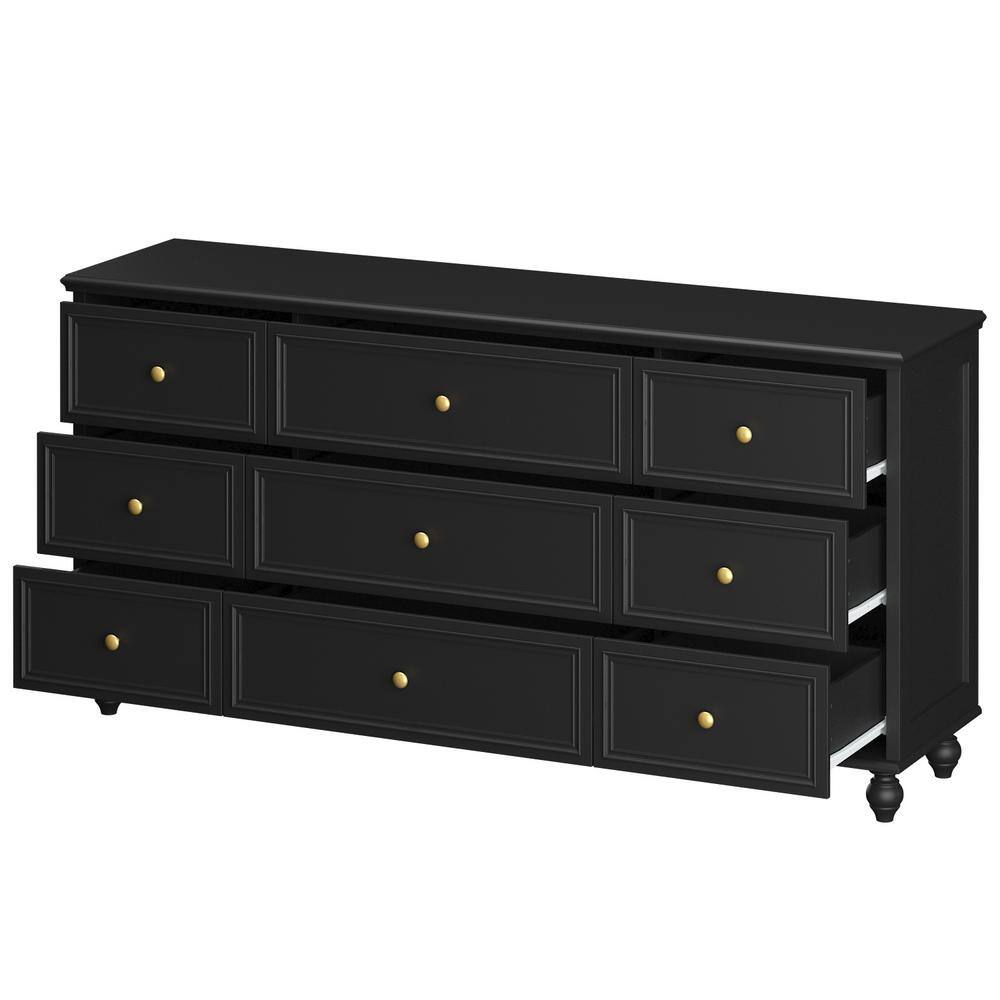FUFU&GAGA Black Wooden 9Drawer Chest of Drawers 63 in. W x 31.5 in. H