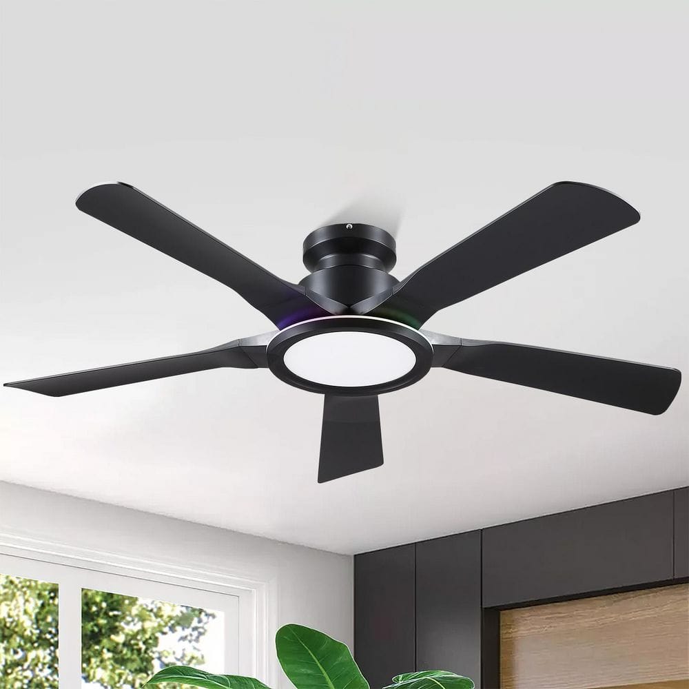 52 in. Indoor Black Flush Mount Modern  Ceiling Fan with Remote Control Integrated LED Low Profile 3CCT Dimmable price history on PriceWatchPro