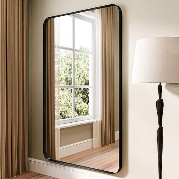 40 in. W x 60 in. H Rectangular Aluminum Framed Modern Black Rounded Wall Mirror