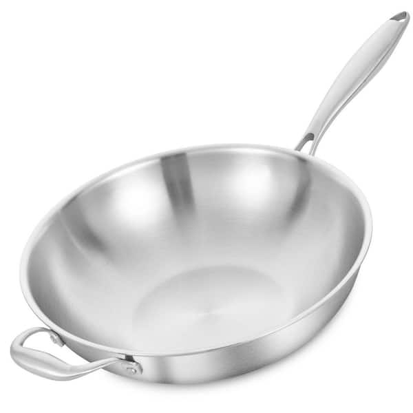 Large 14.5 in. Silver Stainless Steel Induction Cooking Wok Pan, Dishwasher and Oven Safe, Heavy Duty Detachable Handle