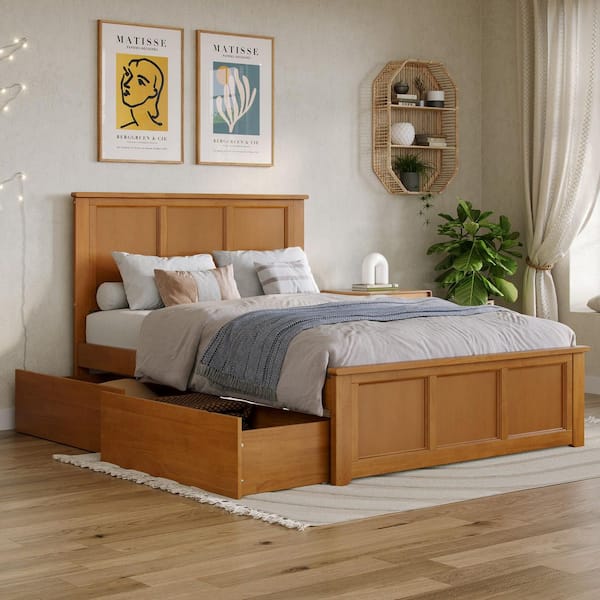 Madison Light Toffee Natural Bronze Solid Wood Frame Full Platform Bed with Matching Footboard and Storage Drawers