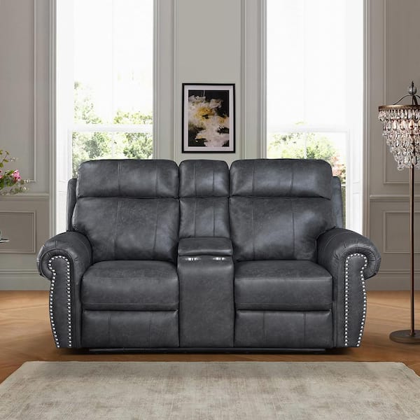 Lazzara Stader 74.5 in. W Gray Faux Leather Manual Double Reclining Loveseat with Center Console 9488GY 2 The Home Depot