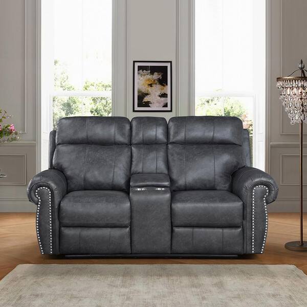 Lazzara Stader 74.5 in. W Gray Faux Leather Manual Double Reclining Loveseat with Center Console