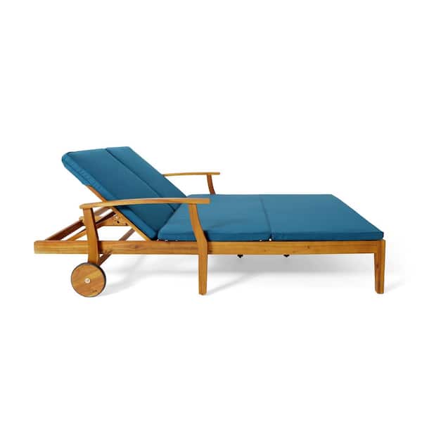 Perla Teak Brown 1-Piece Wood Outdoor Patio Double Chaise Lounge with Blue Cushions