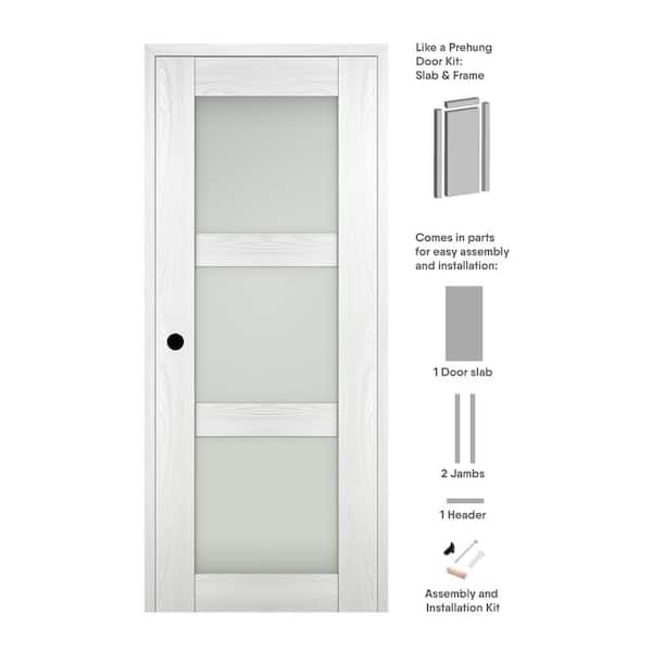 Vona 3 Lite 18 in. x 84 in. Right-hand Frosted Glass Ribeira Ash Composite Solid Core Wood Single Prehung Interior Door