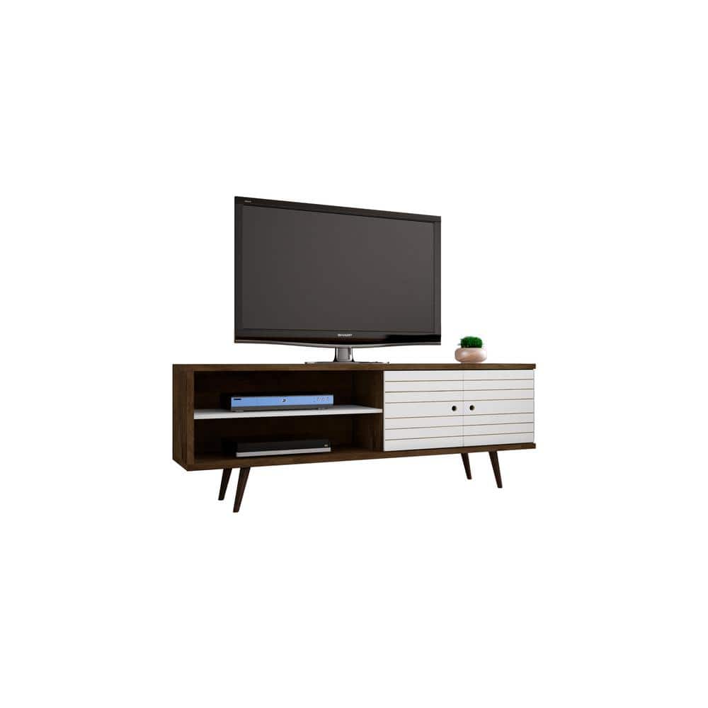 63" Rustic Brown and White Mid-Century Modern TV Stand with Cabinet
