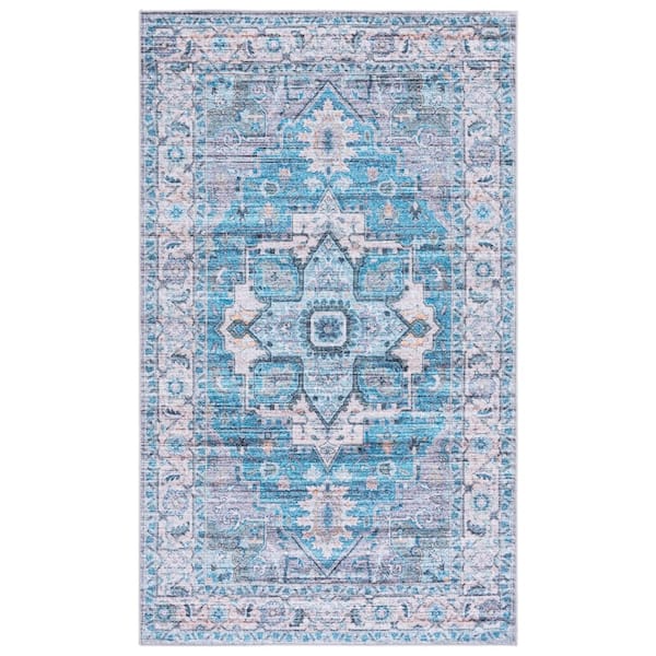 Martha Stewart Washable Gray/Turquoise 3 ft. x 5 ft. Machine Washable Floral Medallion Area Rug
