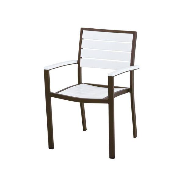 POLYWOOD Euro Textured Bronze Patio Dining Arm Chair with White Slats