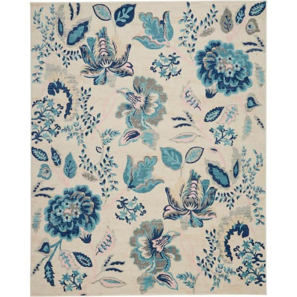 Nourison Tranquil Ivory/Light Blue 8 ft. x 10 ft. Floral Modern Area Rug