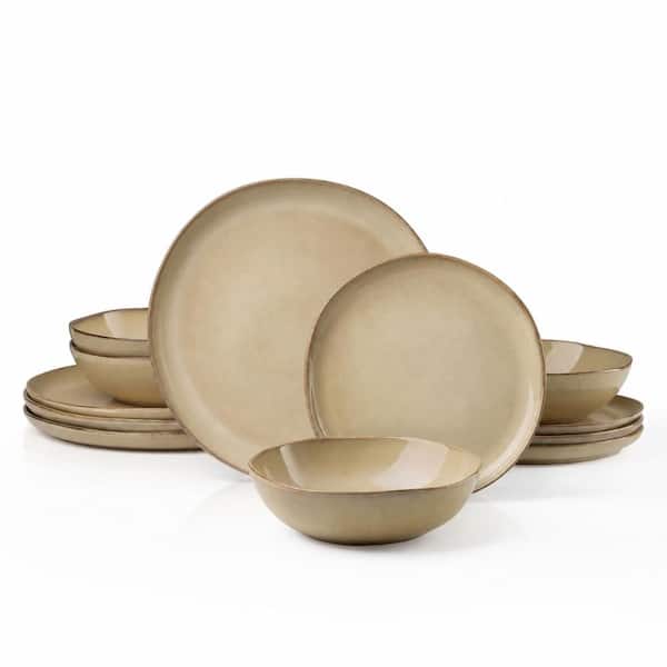 Wildness Series 12-Piece Irregular Round Reactive Sandy Khaki Stoneware Dinnerware Set Service for 4