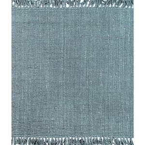 Light Blue/Gray 6 ft. Square Pata Hand Woven Chunky Jute with Fringe Area Rug