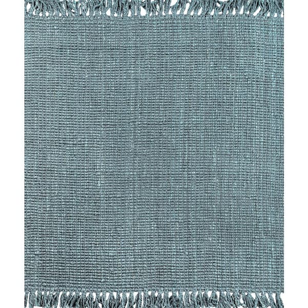 Light Blue/Gray 9 ft. Square Pata Hand Woven Chunky Jute with Fringe Area Rug