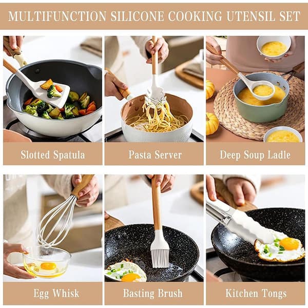 Premium 8-Piece Wooden Handle Silicone Kitchen Utensil Set | Non-Stick  Silicone Cooking Utensils