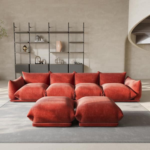 Marenco 131 in. Flared Arm Chenille Lawson U-shaped Modular Sofa Reversible 4-Seat Couch with 2 Ottomans in. Orange