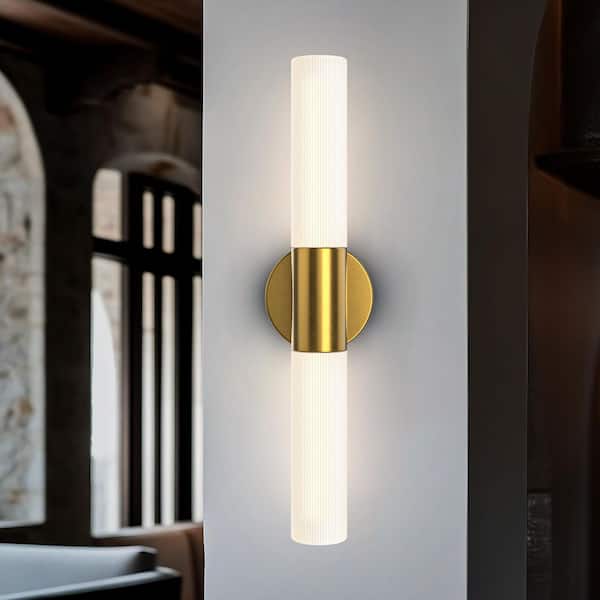 Modern 22 in. 2-Light Brushed Gold LED Dimmable Vanity Light with Acid-Etched Striated Glass Shade