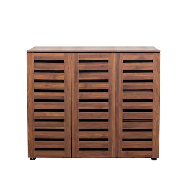 38.66 in. x 44.9 in. Walnut Shoe Storage Cabinet with 5 Adjustable Shelves and Louvered Doors for Entryway