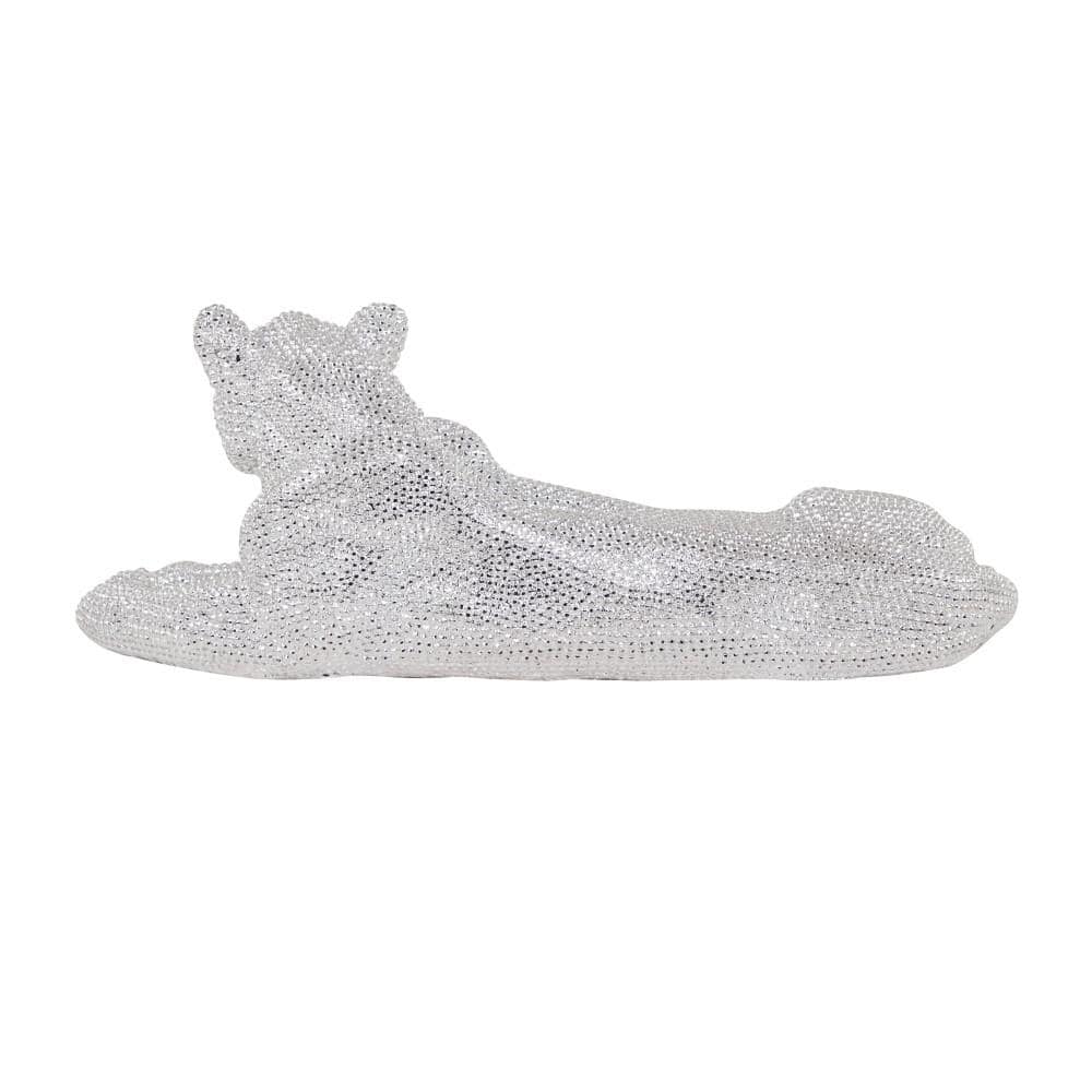 Silver Polystone Glam Leopard Floor Sculpture with Faceted Diamond Texture