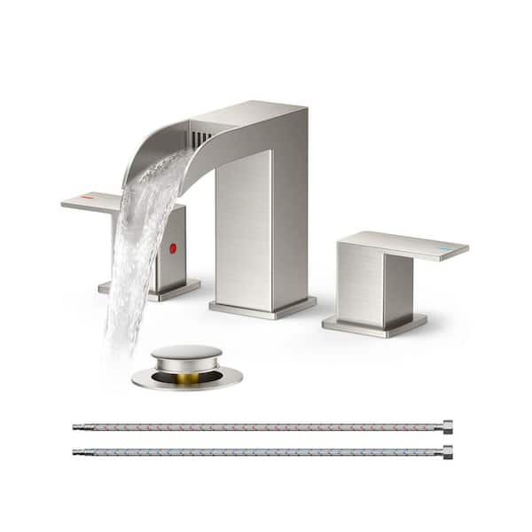 1-Piece 8 in. Widespread Square Bathroom Faucet Set with Waterfall Spout, Pop-up Drain ＆ Supply Lines in Stainless Steel