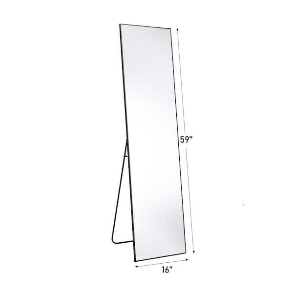 FIRNEWST 16in. W x 59in. H Aluminum Alloy Frame Black Full Body Floor Mirror with Floor Stand and Wall Mounted Hooks