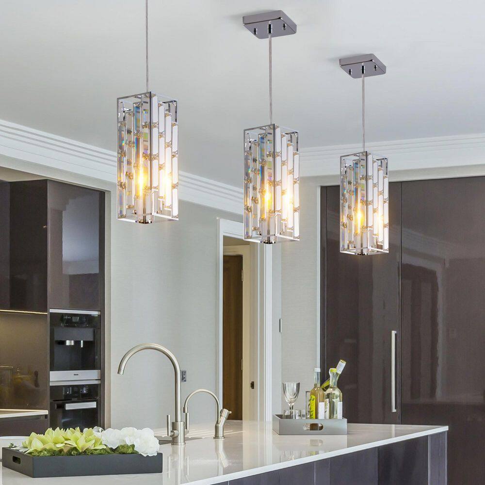 Crisora 4 in. 1-Light Silver Finish Modern Crystal Prism Design Pendant Chandelier for Dining Room and Kitchen (3 Pack) price history on PriceWatchPro