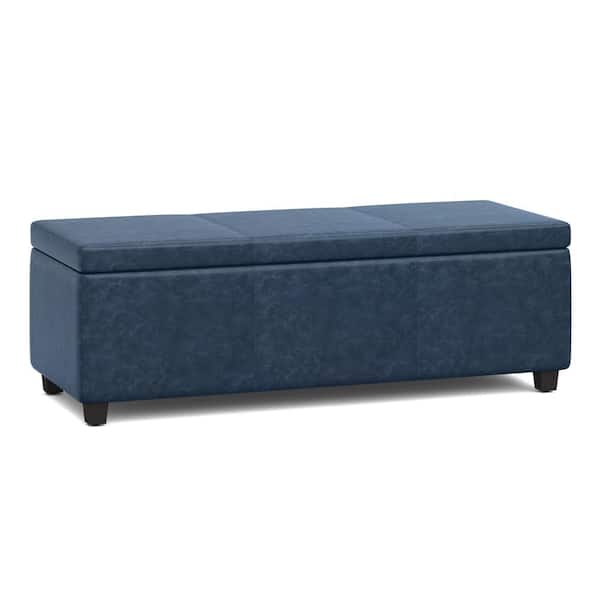 Simpli Home Avalon 48 in. Wide Contemporary Rectangle Storage Ottoman Bench in Denim Blue Vegan Faux Leather