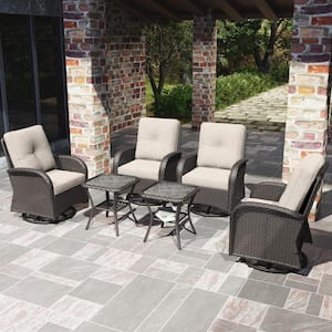 6-Piece Wicker Swivel Outdoor Rocking Chairs Patio Conversation Set with Beige Cushions