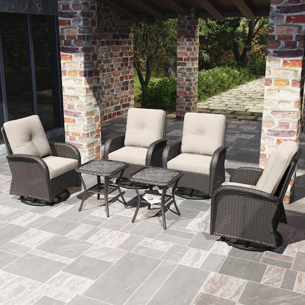 MeetLeisure 6-Piece Wicker Swivel Outdoor Rocking Chairs Patio Conversation Set with Beige Cushions