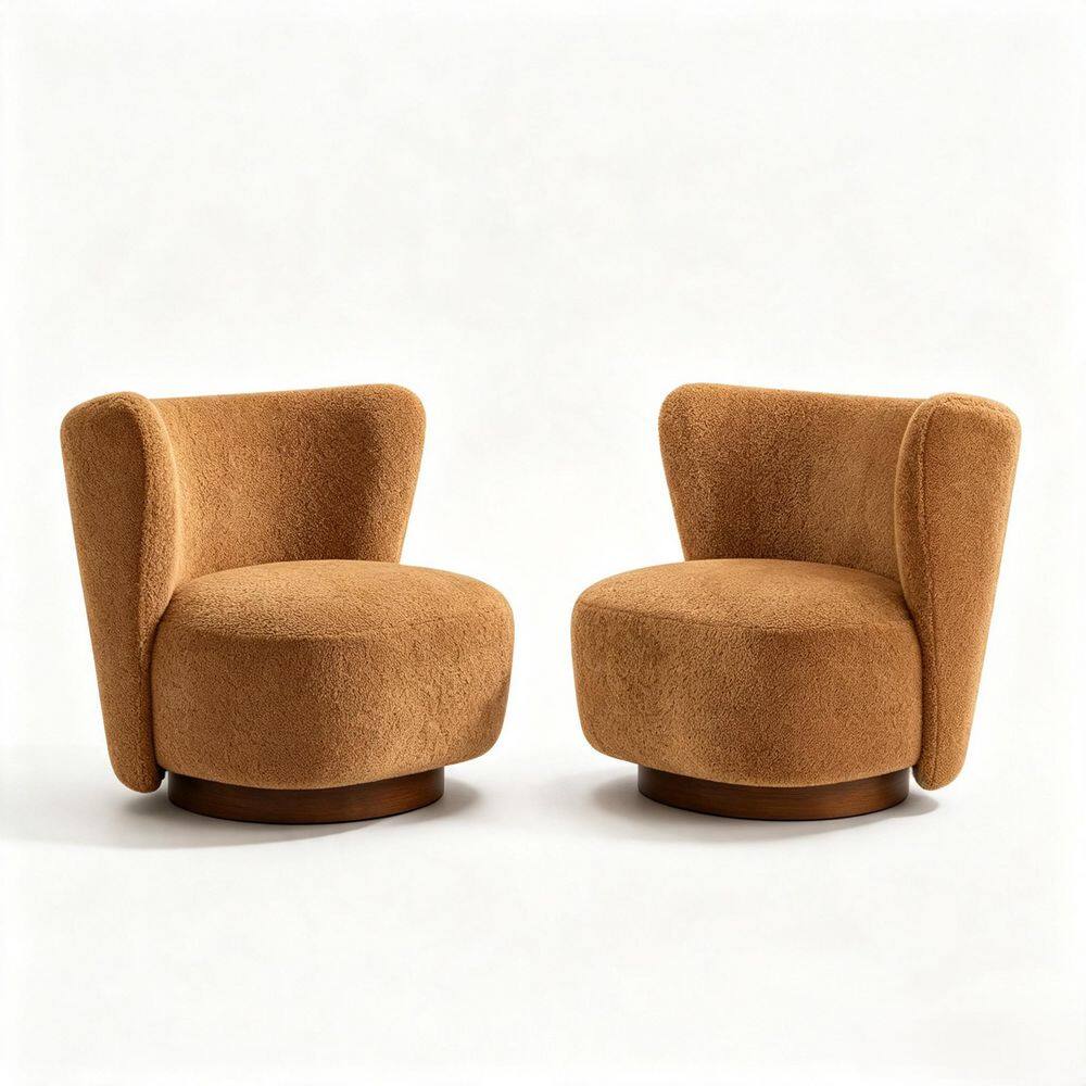 Caramel Boucle Swivel Accent Side Chair Set of 2 with Round Walnut Solid Wood Base, Lounge Chair for Living Room Bedroom