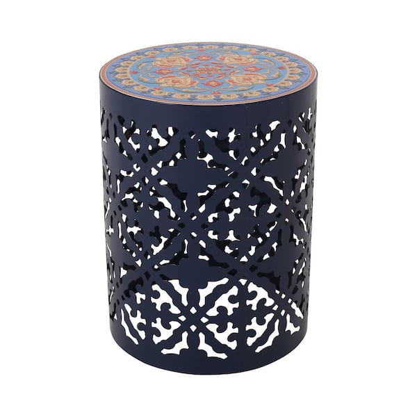Unbranded Transitional Minimalistic 14 in. Outdoor Patio Round Metal Accent Table for Patios, Backyards, Porches, Dark Blue