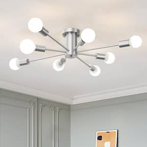 Theis 30.12 in. 8-Light Nickel Semi Flush Mount Sputnik Chandelier Linear Ceiling Mount Light For Bedroom Dining Room