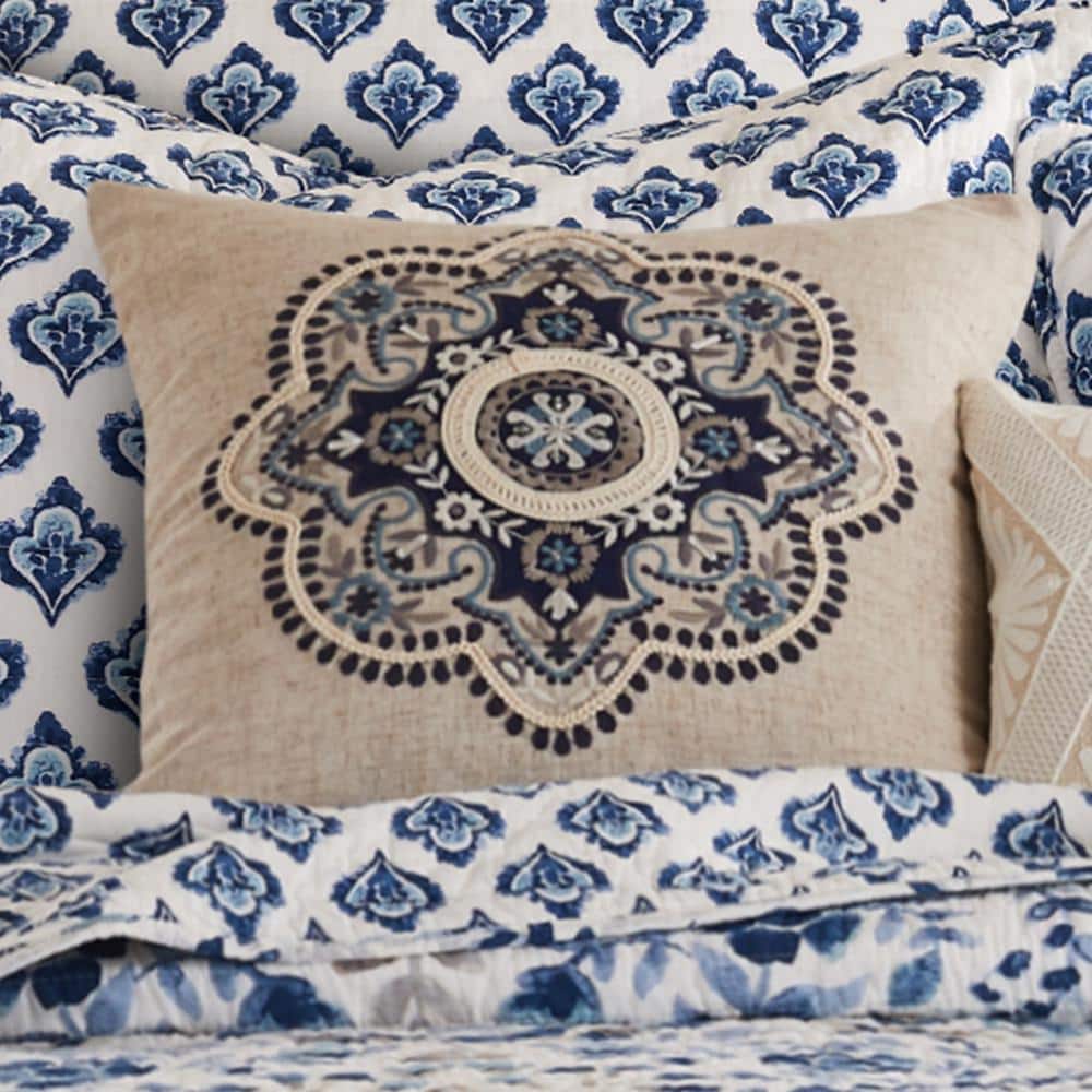 18x18 Blue and Cream Embroidered Medallion Pillow